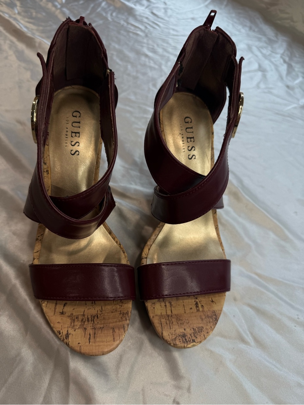 GUESS Burgundy Leather Cork Wedge Sandals with Ankle Strap